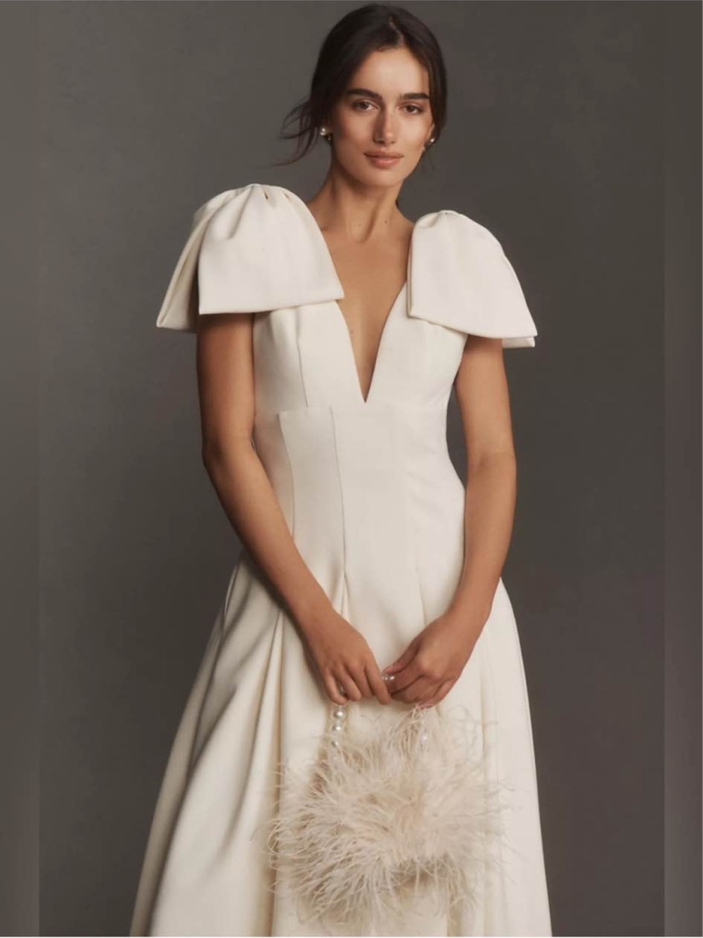 Mac Duggal Cream Midi Dress with Sculpted Cap Sleeves - Picture 2 of 5